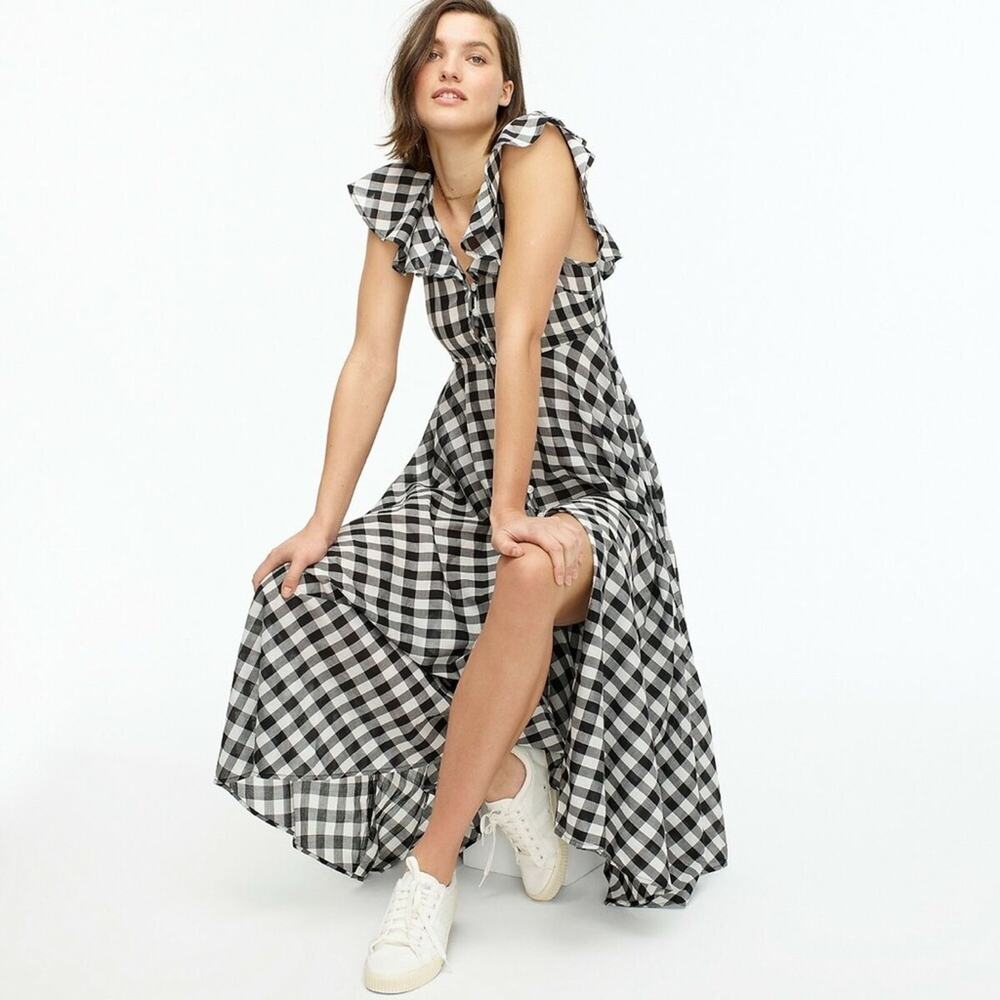j. crew - button-up ruffle dress in gingham midi maxi ruffled sleeves plaid